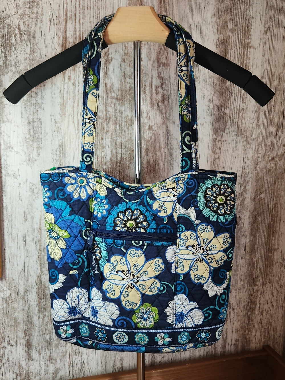 Vera Bradley Navy Aqua Flowers Quilted Tote VINTAGE Purse Mad Floral Blue Bag